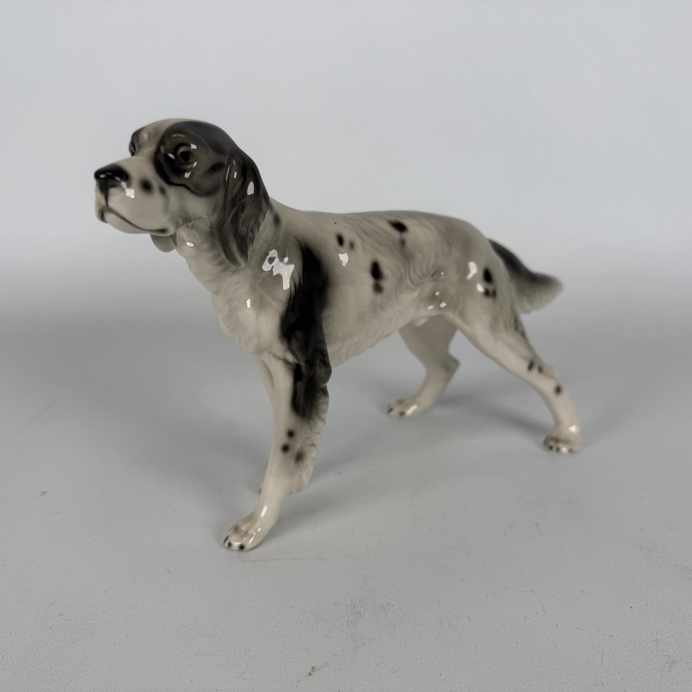 Vintage Keramos Austria English Setter Dog Figurine Porcelain Gray White Spotted